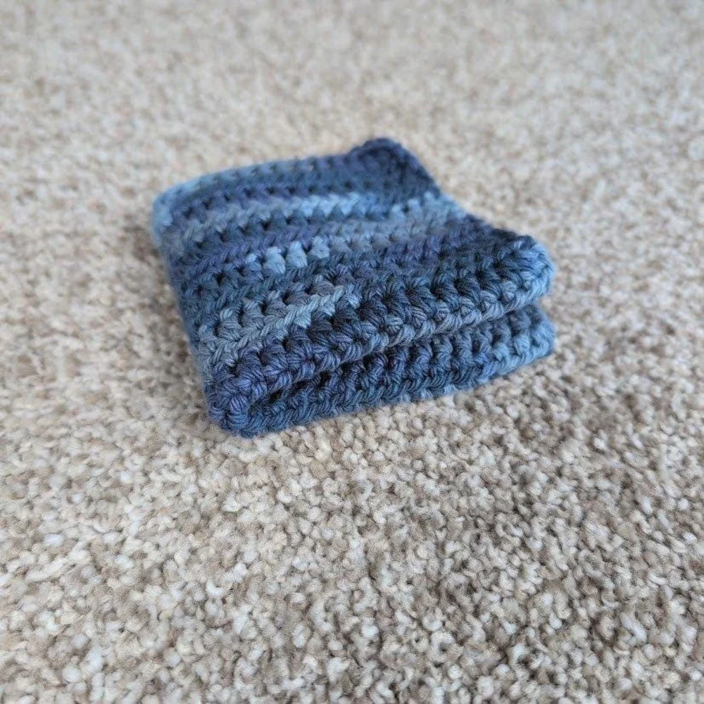 Handmade Crochet Washcloth‎ Face Cloth Blue Camo Variegated Cotton Kitchen Bath